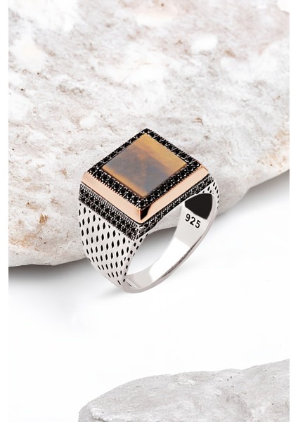 Gümüş Kaplan Gözü Taşlı Süslemeli Kare Model Erkek Yüzük