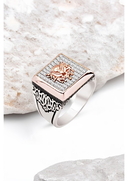 Gümüş Beyaz Zirkon Taşlı Armalı Erkek Yüzük