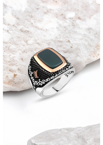 Düz Yeşil Akik Taşlı Gümüş Erkek Yüzük