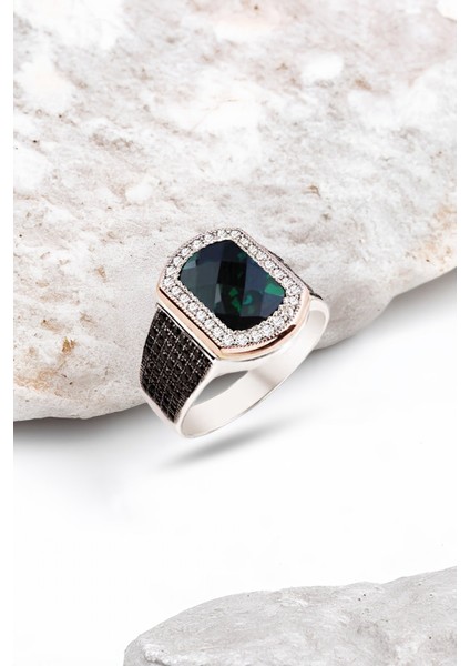 Gümüş Yeşil Faset Taşlı Süslemeli Erkek Yüzük