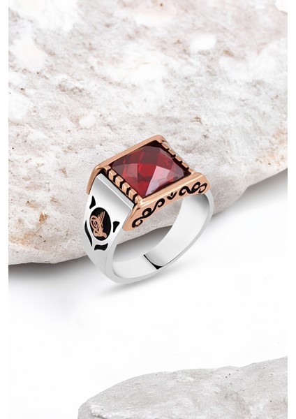Kesme Kırmızı Zirkon Taşlı Gümüş Erkek Yüzük