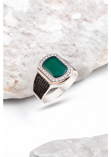 Gümüş Yeşil Akik Taşlı Süslemeli Erkek Yüzük