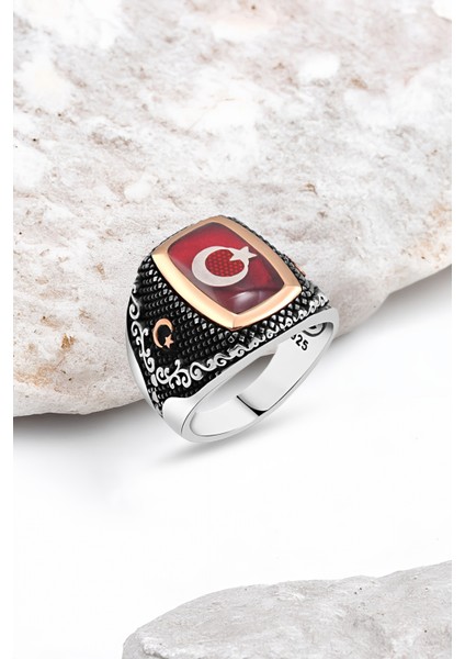 Mineli Türk Bayraklı Gümüş Erkek Yüzük
