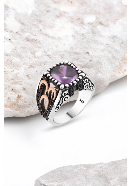 Ametist Taşlı Üç Hilalli Gümüş Erkek Yüzük