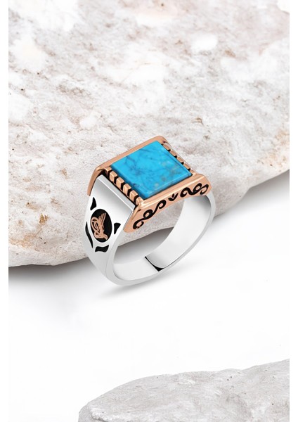 Düz Sıkma Turkuaz Taşlı Gümüş Erkek Yüzük
