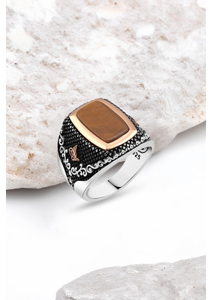 Düz Kaplan Gözü Taşlı Gümüş Erkek Yüzük