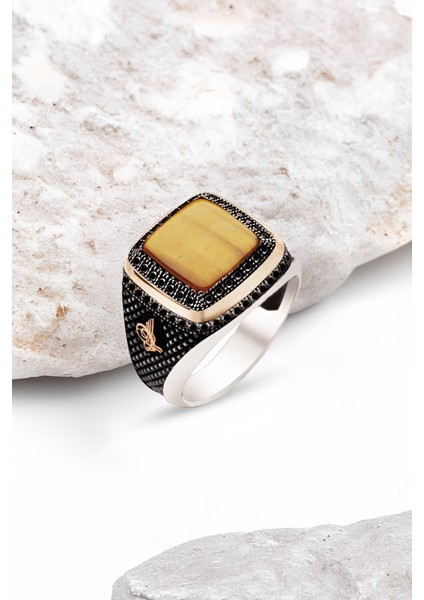 Gümüş Kaplan Gözü Taşlı Zirkon Süslemeli Erkek Yüzük