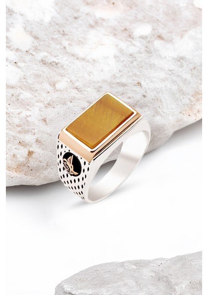 Gümüş Kaplan Gözü Taşlı Tuğralı Noktalı Kasa Erkek Yüzük