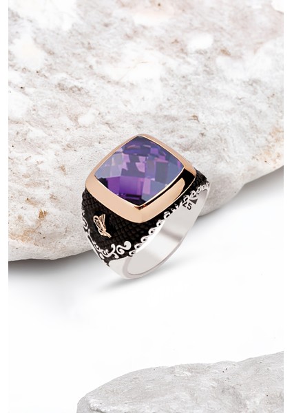Gümüş Fasetli Ametist Taşlı Osmanlı Tuğralı Erkek Yüzük