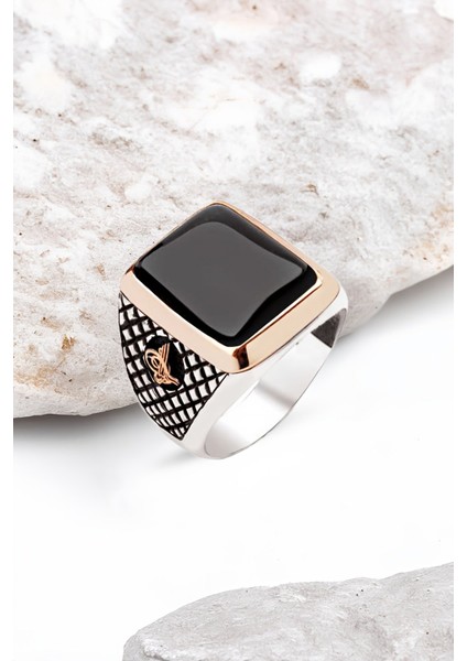 Gümüş Onix Taşlı Osmanlı Tuğralı Erkek Yüzük