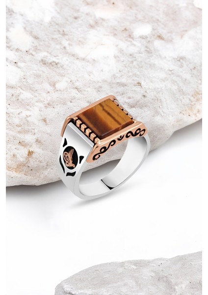 Düz Kaplan Gözü Taşlı Gümüş Erkek Yüzük