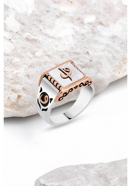 Beyaz Onix Taş Üzeri Elif-Vav Gümüş Erkek Yüzük