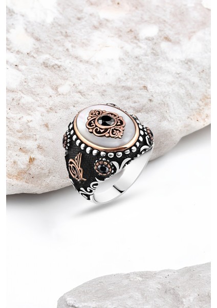 Sedef Taşlı Ortası Zirkon Taşlı Motifli Gümüş Erkek Yüzük