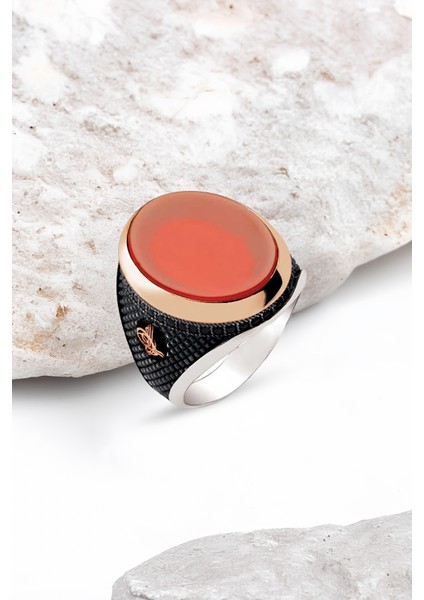 Gümüş Akik Taşlı Osmanlı Tuğralı Motifli Erkek Yüzük