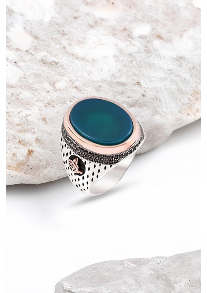 Gümüş Yeşil Onix Taşlı Osmanlı Tuğralı Erkek Yüzük