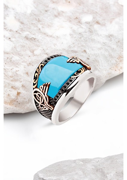 ​​​Gümüş Özel Kesim Sıkma Turkuaz Taşlı Zirkon İşlemeli Erkek Yüzük