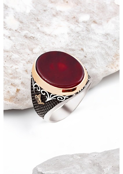 ​Gümüş Özel Kesim Akik Taşlı Tuğralı İşlemeli Erkek Yüzük