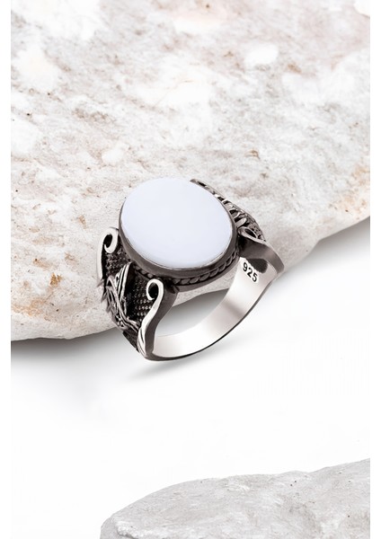 Gümüş Beyaz Onix Taşlı Osmanlı Armalı Erkek Yüzük