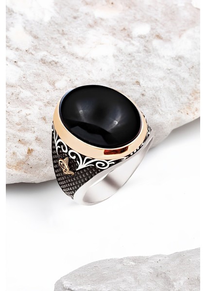 ​Gümüş Özel Kesim Kapşon Onix Taşlı Osmanlı Tuğralı Erkek Yüzük