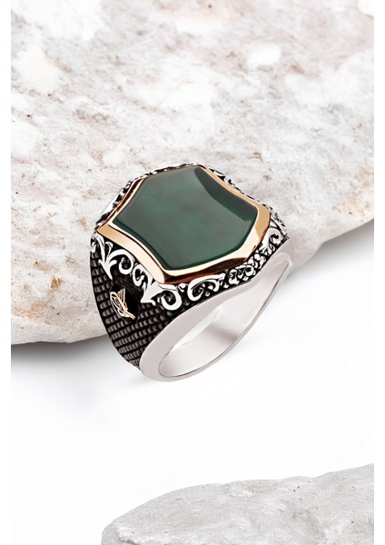 Gümüş Özel Kesim Yeşil Akik Taşlı Yanları Tuğralı Erkek Yüzük