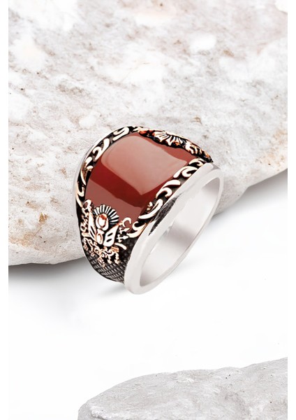 ​​Gümüş Özel Kesim Akik Taşlı Tuğralı Erkek Yüzük