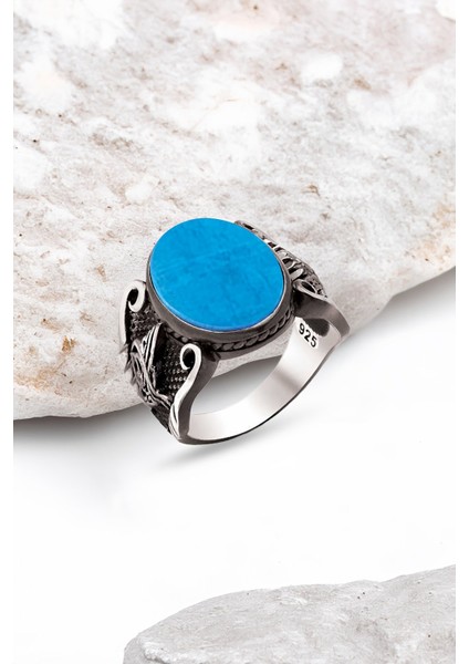 Gümüş Sıkma Turkuaz Taşlı Osmanlı Armalı Erkek Yüzük