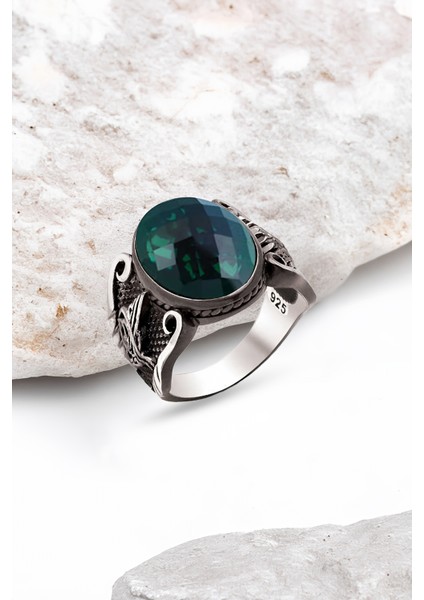 Gümüş Fasetli Yeşil Zirkon Taşlı Osmanlı Armalı Erkek Yüzük