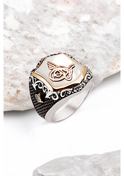 Gümüş Özel Kesim Sedef Taşlı Tuğra İşlemeli Erkek Yüzük