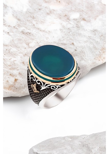 ​Gümüş Özel Kesim Yeşil Akik Taşlı Yeşil Mineli Erkek Yüzük