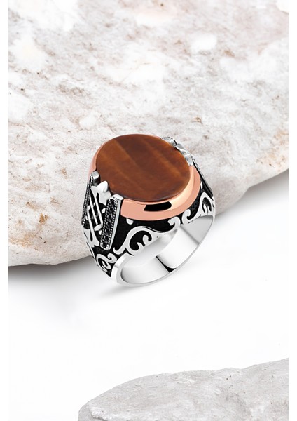 Düz Kaplan Gözü Kenarı Minik Siyah Zirkon Taşlı Gümüş Erkek Yüzük