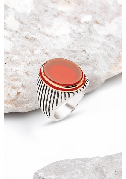 Gümüş Akik Taşlı Yanları Mineli Erkek Yüzük