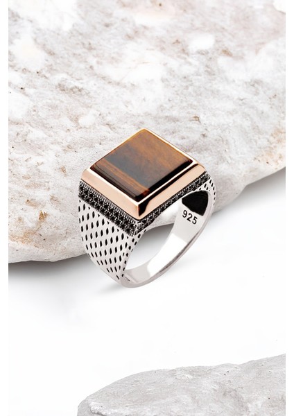 Gümüş Kaplan Gözü Taşlı Zirkon Süslemeli Kare Erkek Yüzük