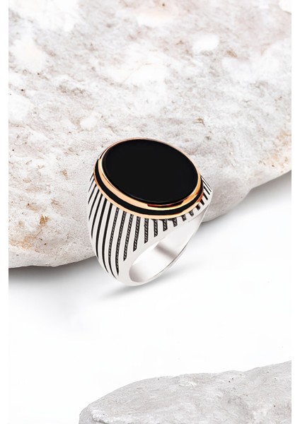 Gümüş Siyah Onix Taşlı Yanları Mineli Erkek Yüzük