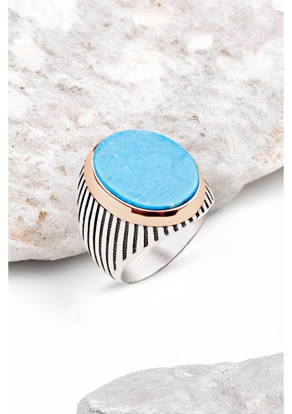 Gümüş Turkuaz Taşlı Çizgili Kasa Erkek Yüzük