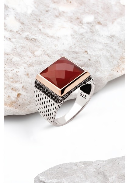 Gümüş Akik Faset Taşlı Zirkon Süslemeli Kare Erkek Yüzük