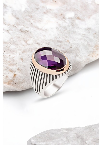 Gümüş Ametist Taşlı Erkek Yüzük