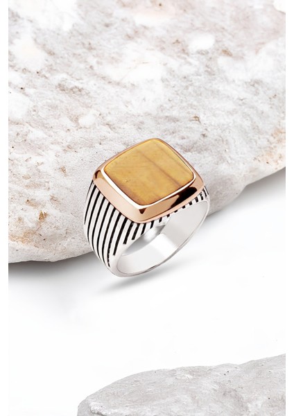 Gümüş Kaplan Gözü Taşlı Çizgili Kasalı Erkek Yüzük