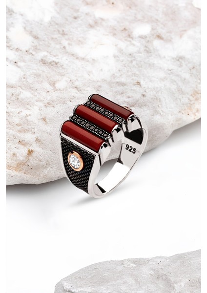 Gümüş 3 Parça Akik Taşlı Erkek Yüzük