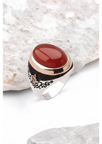 Gümüş Kapşon Akik Taşlı Osmanlı Tuğralı Erkek Yüzük