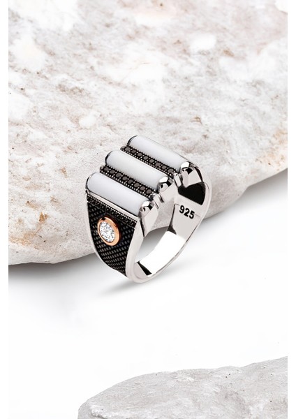 Gümüş 3 Parça Beyaz Onix Taşlı Erkek Yüzük