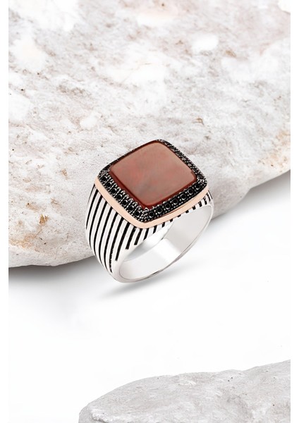 Gümüş Akik Taşlı Siyah Zirkon Süslemeli Çizgili Kasa Erkek Yüzük