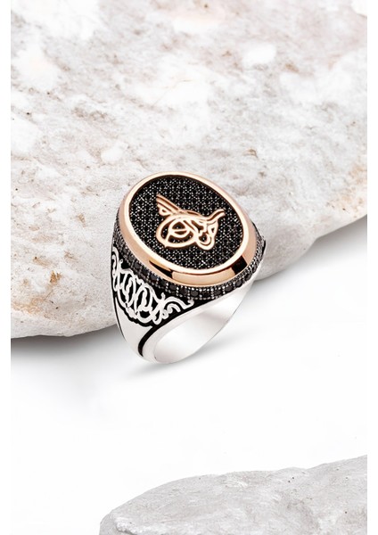 Gümüş Osmanlı Tuğrası İşlemeli Zirkon Süslemeli Erkek Yüzük