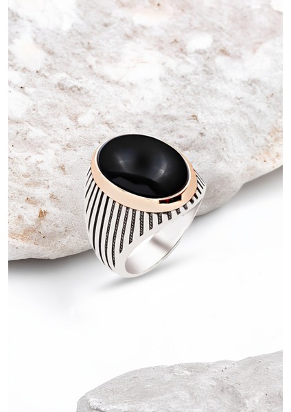 Gümüş Siyah Kapşon Taşlı Erkek Yüzük