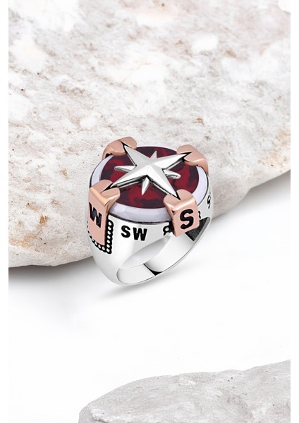 Akik Taşlı Pusulalı Gümüş Erkek Yüzük