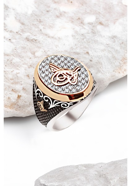 Gümüş Beyaz Zirkon Taş Üzeri Osmanlı Tuğralı İşlemeli Erkek Yüzük