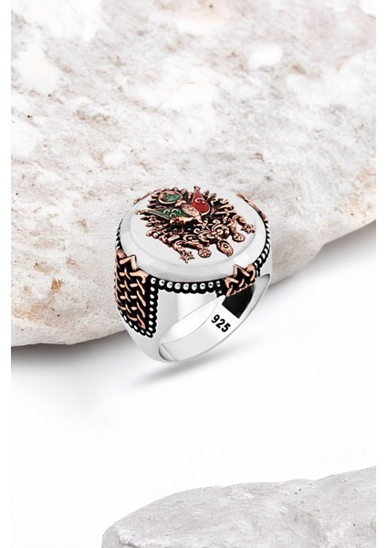 Sedef Taşlı Osmanlı Devlet Armalı Gümüş Erkek Yüzük