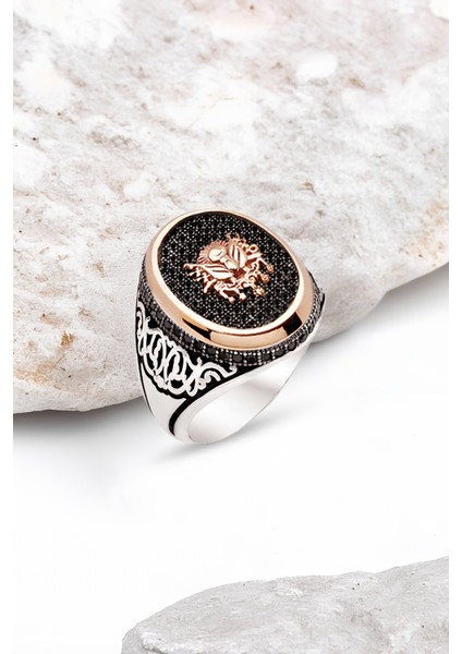 Gümüş Siyah Zirkon Taş Üzeri Osmanlı Arması İşlemeli Erkek Yüzük