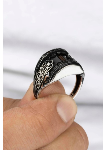 Telkari Desenli Karpuz Kesim Gümüş Erkek Yüzük