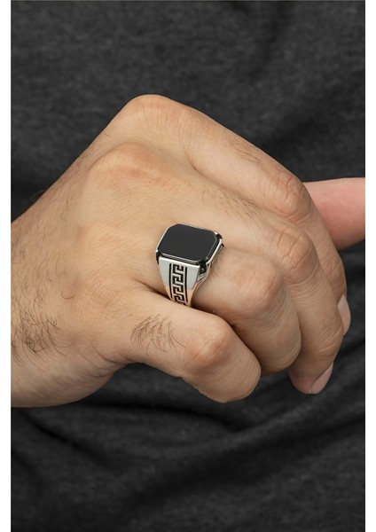 Grek Desenli Siyah Oniks Taşlı Gümüş Erkek Yüzük fiyatları
