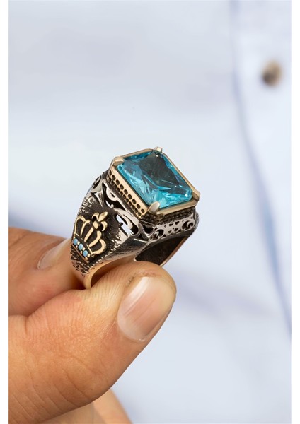 Aqua Ve Firuze Taşlı Taç Figürlü Otantik Gümüş Erkek Yüzük